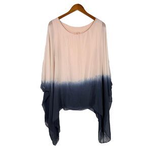 Italian Silk Ombre Poncho Blouse Beige Blue Sheer Resort Caftan Top Size M-XXL